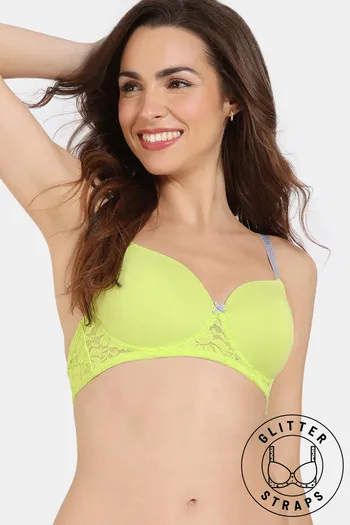 Buy Zivame Beautiful Basics Glitter Straps Padded Non Wired 3/4th Coverage Lace Bra - Wild Lime